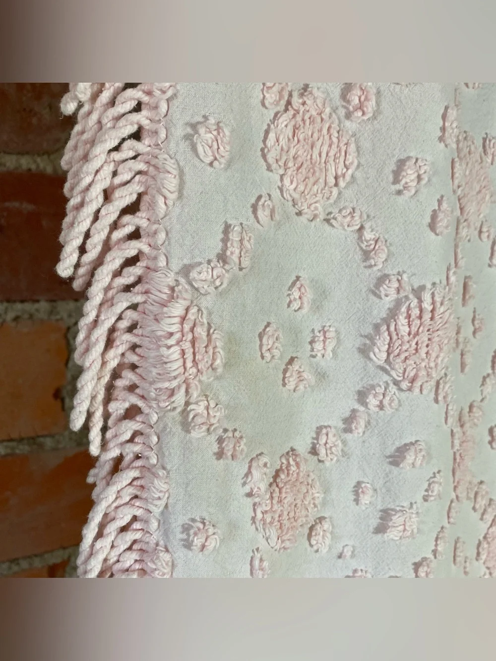 Vintage MCM Pink Chenille Fringe Bedspread Queen 96” x 120”